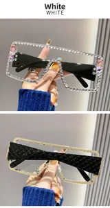 Detail of oversized white crystal encrusted sunglasses with purple gemstones and black temples