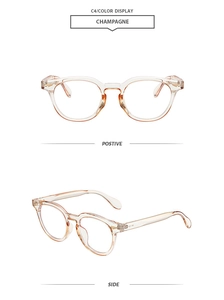 Detail view of champagne translucent square-round glasses frames from front and side