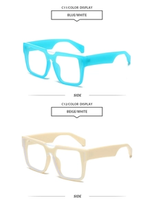 Side view of trendy thick-frame sunglasses in bright blue and beige colorways