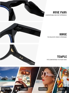 Detail view of comfortable nose pads and reinforced metal hinges on black square glasses