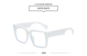 Side view of white thick square frame sunglasses featuring a wide temple modern design