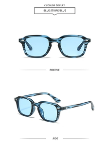 Vue détaillée des lunettes de soleil carrées à rayures bleues avec rivets en métal