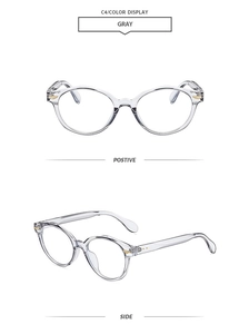 Detail view of transparent gray eyewear frames with stylish gold metal accents