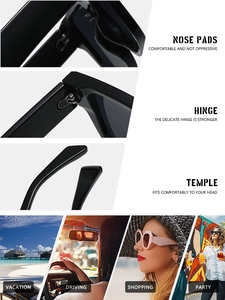 Detail of reinforced hinges and smooth nose pads on trendy black square sunglasses