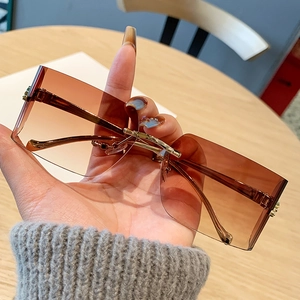 Frameless Rectangle Sunglasses With Gold Metal Leopard Head Decoration Gradient PC Lenses Retro Chic Eyewear UV400