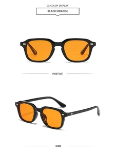 Vues de face et de profil de lunettes de soleil carrées avec monture noire et verres orange