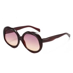 Retro oval sunglasses with wine red frames and trendy pink-yellow gradient lenses