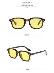 Détail de lunettes de soleil léopard avec verres jaunes vues de face et de profil