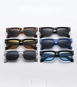 Detail of retro thick frame sunglasses featuring ornate metal cross accents on the temple