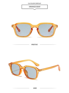 Vue détaillée de lunettes de soleil carrées orange élégantes avec des verres gris clair