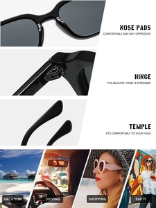 Vue détaillée de lunettes de soleil carrées noires avec charnières robustes