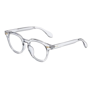 Classic transparent square-round glasses frames with gold metal arrow decor on white background