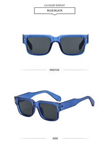 Detail view of blue jelly frame sunglasses with silver diamond rivets and dark lenses