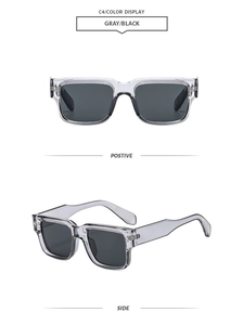 Detail view of transparent gray square sunglasses with dark lenses from front and side angles