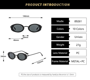 Detailed size chart for retro oval sunglasses showing dimensions 146mm width and 152mm temple