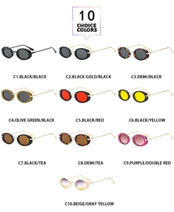 Matrix display of oval retro sunglasses in ten various color options and metal frames