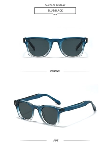Detail view of square frame sunglasses with blue gradient frames and side silver rivets