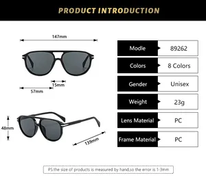 Detailed sizing chart for classic double-bridge sunglasses showing precise dimensions in mm