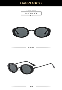 Front and side view of classic oval black sunglasses with metallic hinge details