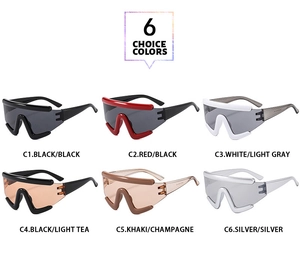 Matrix showing six color options for oversized futuristic shield wrap sunglasses
