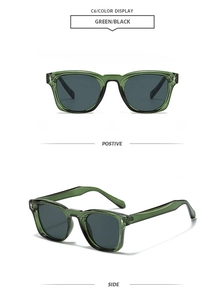 Detail view of square green transparent sunglasses frame with dark lenses from side angles