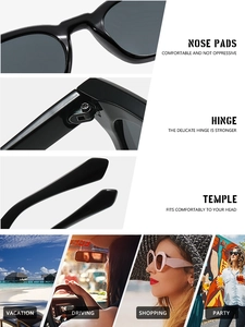 Detail view of square sunglasses featuring reinforced hinges and integrated nose pads