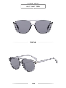 Dual-beam sunglasses in translucent light gray with detailed metal hinges and side view