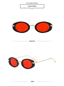 Classic oval black frame sunglasses with red lenses and gold temples, C5 model front side view
