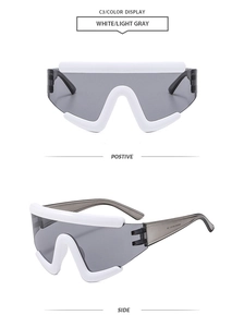 Detailed front and side views of white oversized futuristic shield sunglasses with grey lenses