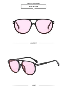Detail of pilot double-bridge sunglasses with black frame and pink translucent lenses