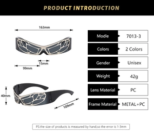 Detaillierte Größenangaben der silbernen futuristischen Mesh-Wrap-Around-Sonnenbrille