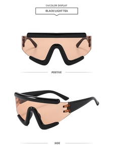 Front and side views of hip hop oversized sunglasses with black frames and tea lenses