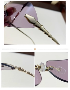 Detail of rimless square sunglasses with lilac gradient lenses and gold snake bone temples