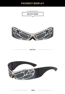 Cyberpunk-Sonnenbrille mit schwarzem Rahmen, grauen Gläsern und silbernem Metallgitter-Dekor