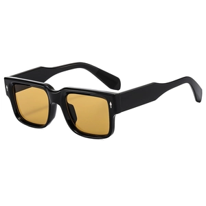 Classic square black frame sunglasses with amber lenses and silver arrow rivet detail