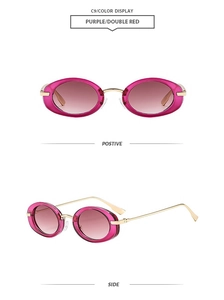 Detailed views of vintage oval sunglasses with purple frames and gold metal temples