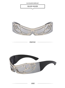 Detailansicht der Cyberpunk-Sonnenbrille mit silbernem Metallgitter von vorne und der Seite