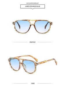 Front and side views of double bridge aviator sunglasses with tortoise frame and blue lenses