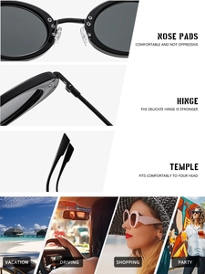 Detail shots of oval sunglasses featuring reinforced hinges and resort lifestyle scenes
