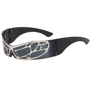 Futuristische Cyberpunk Sonnenbrille Metallgitter Wrap Around Shield Brille UV400 Schutz Party Rave Y2K Stil Unisex