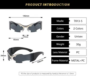 Detailed size specifications for punk bat wing rimless sunglasses model 7013-5