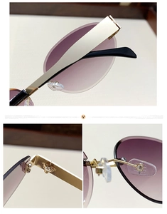 Detail view of gold hinges and adjustable nose pads on rimless gradient sunglasses
