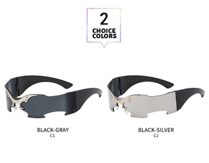 Detail of Y2K rimless sunglasses featuring silver flame metal accents and futuristic lenses
