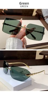 Detail view of dark green rimless square sunglasses with textured gold metal temples