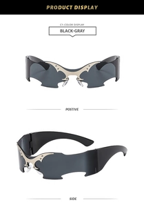 Detailed views of black-gray rimless bat wing sunglasses with punk silver ornaments