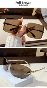 Detail view showing brown rimless square sunglasses with elegant gold metal temples