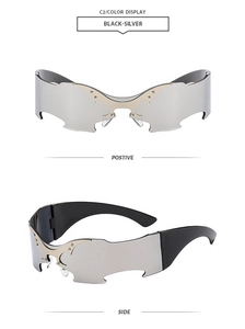Detailed front and side views of cyberpunk frameless batwing sunglasses in black and silver