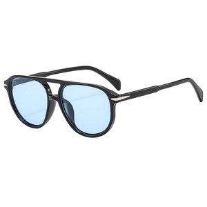 Classic double-bridge aviator sunglasses with black frame and light blue lenses