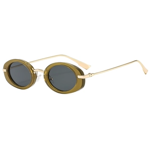 Classic oval sunglasses with olive green frames and gold metal temples on a white background