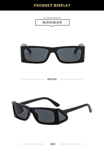Front and side view of black rectangular sunglasses with stylish side shield design